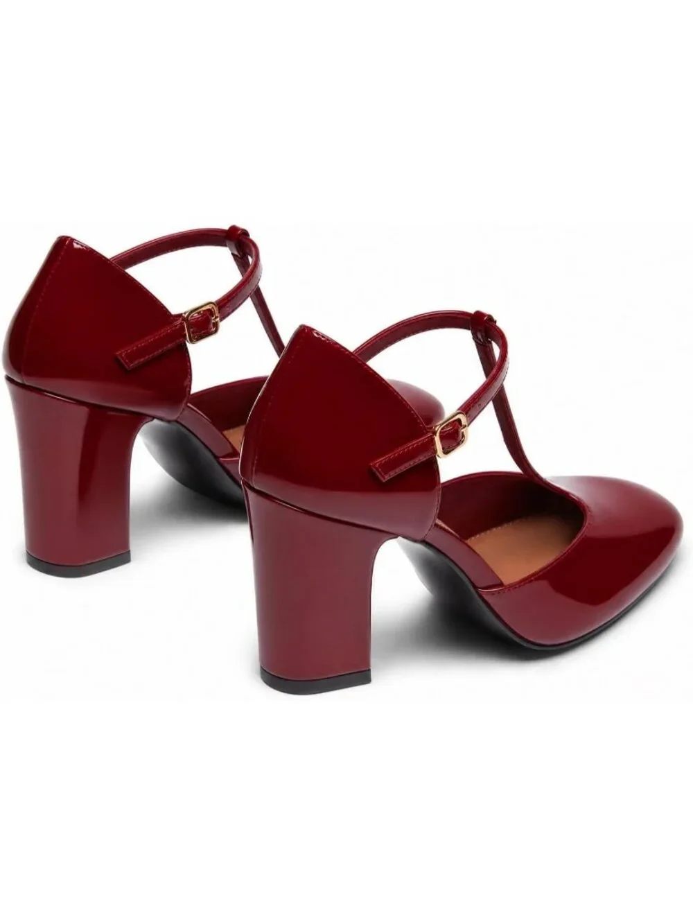 Women's Burgundy Mary Jane Chunky Heel Square Closed Toe Pumps Ankle Strap Shoes